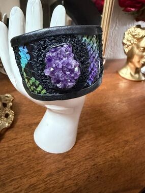 Handmade Artisan Black Leather Cuff Bracelet with Purple Amethyst Accent